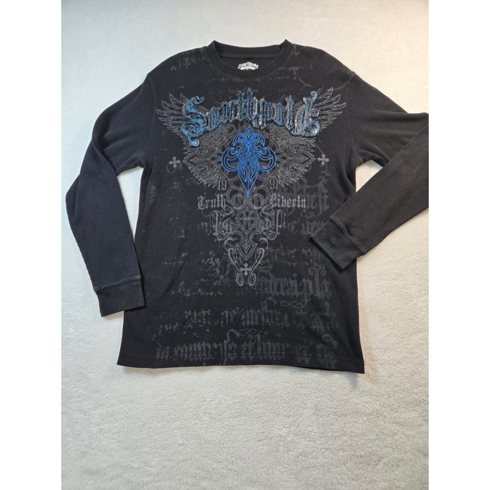 Southpole Mens XL Black Graphic Thermal Shirt Y2K Gothic Long Sleeve Waffle Knit - Picture 1 of 7